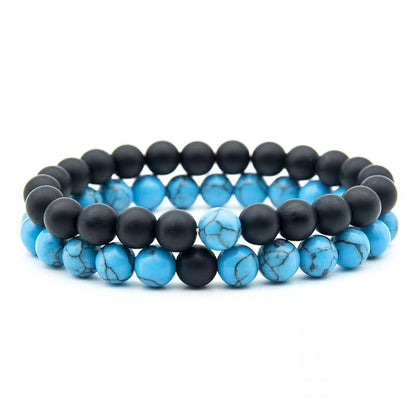 2Pcs Red Howlite & Black Onyx Beaded Couple's Bracelets Set
