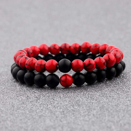 2Pcs Red Howlite & Black Onyx Beaded Couple's Bracelets Set