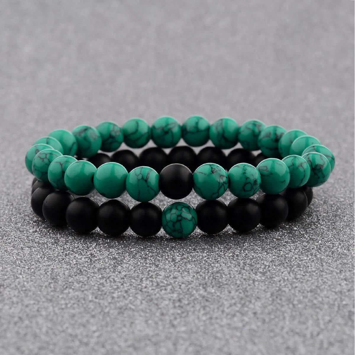 2Pcs Red Howlite & Black Onyx Beaded Couple's Bracelets Set