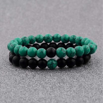 2Pcs Red Howlite & Black Onyx Beaded Couple's Bracelets Set
