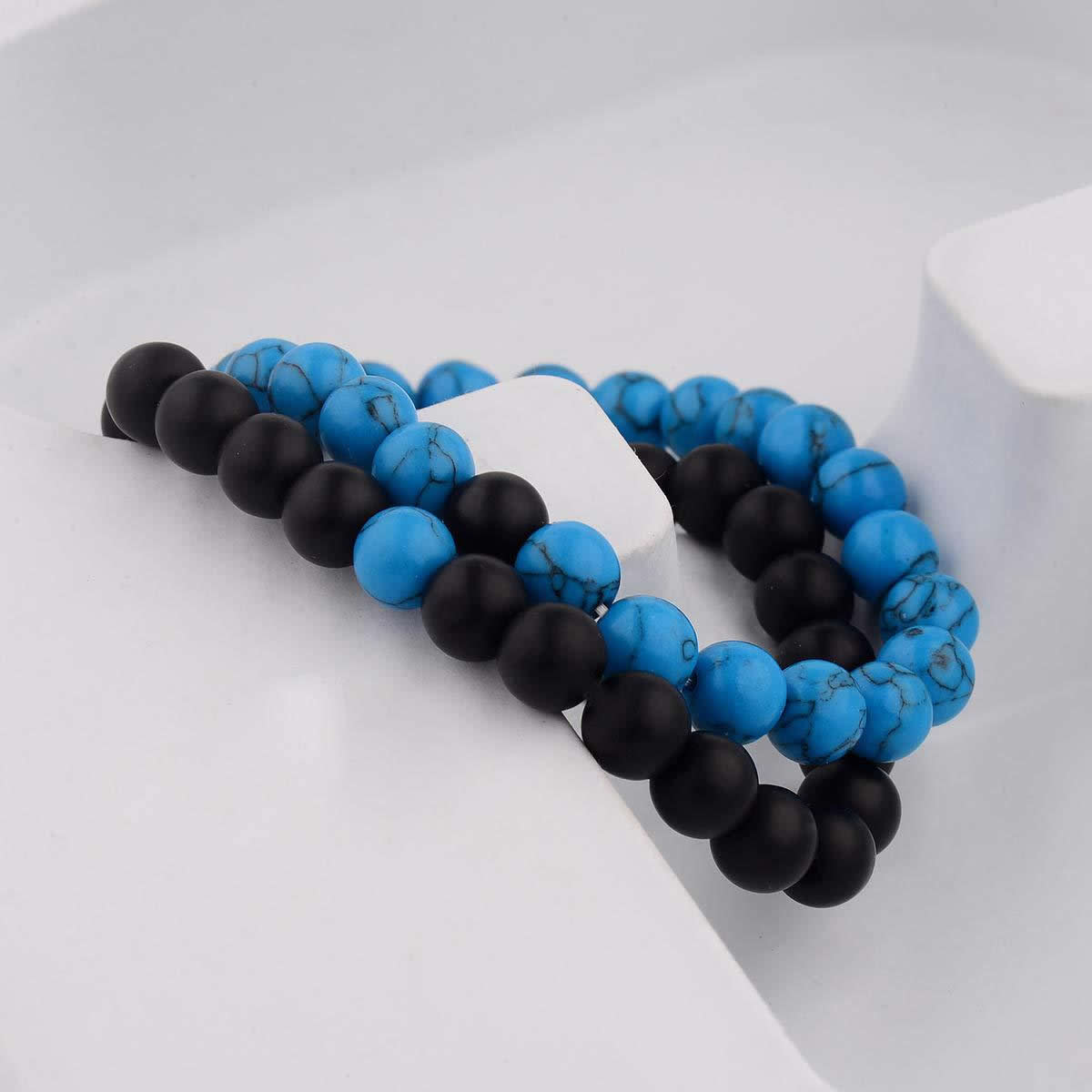2Pcs Red Howlite & Black Onyx Beaded Couple's Bracelets Set