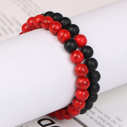 2Pcs Red Howlite & Black Onyx Beaded Couple's Bracelets Set