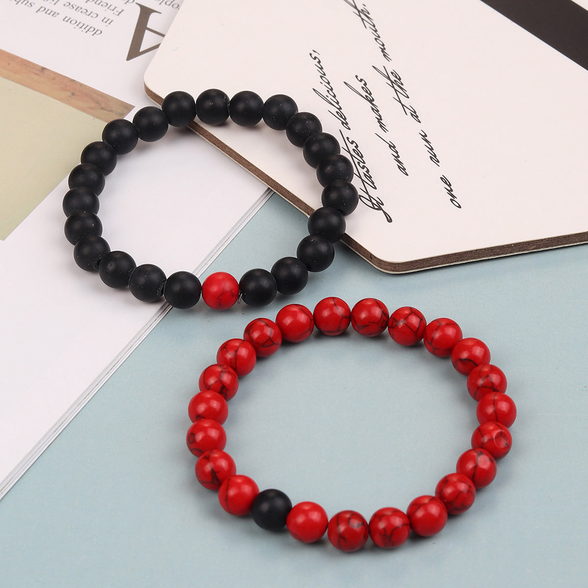 2Pcs Red Howlite & Black Onyx Beaded Couple's Bracelets Set