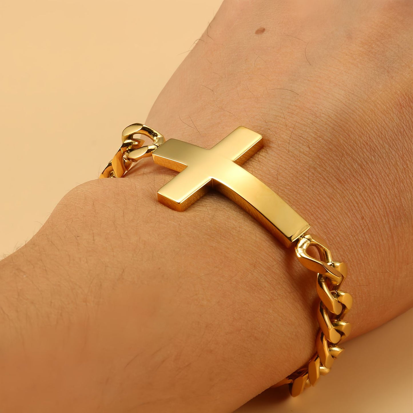 Horizontal Cross Gold Cuban Link Bracelet