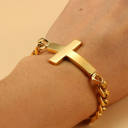 Horizontal Cross Gold Cuban Link Bracelet