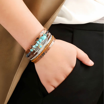 Boho Leather and Turquoise Feather Bracelet