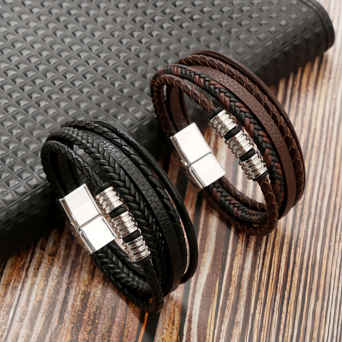 Layered Leather Bracelet with Metal Ring Accents for Men