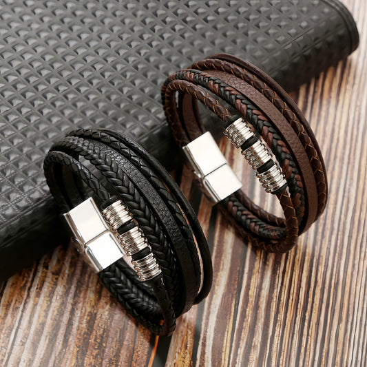 Layered Leather Bracelet with Metal Ring Accents for Men