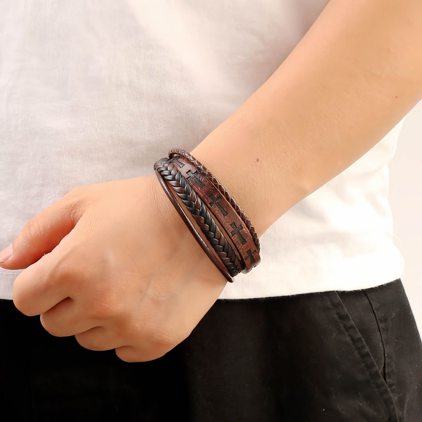 Men’s Cross Leather Bracelet