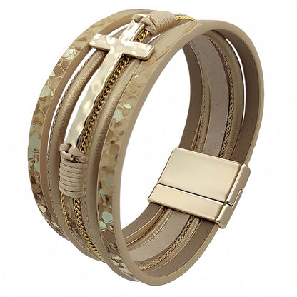 Wide Layered Leather Cross Bracelet