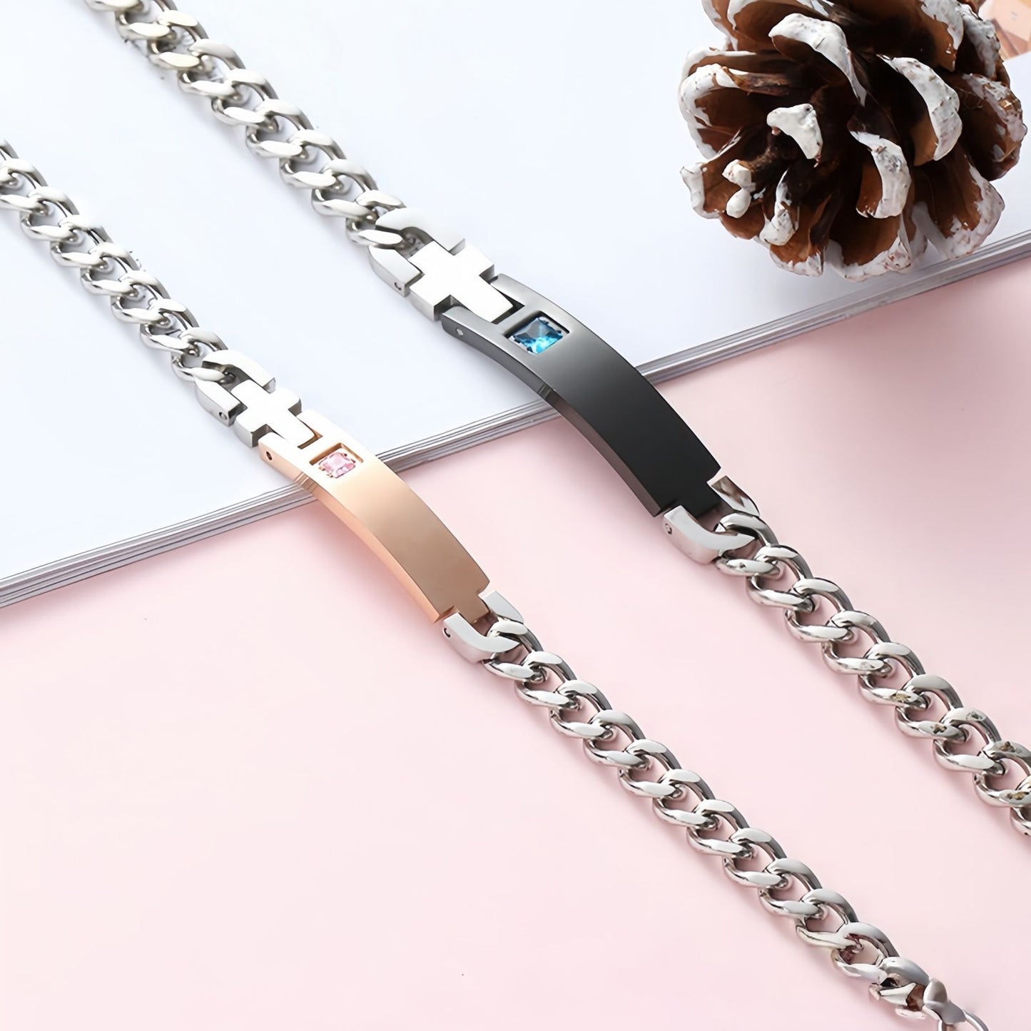 Cross Bar Cuban Chain Couple Bracelet Set