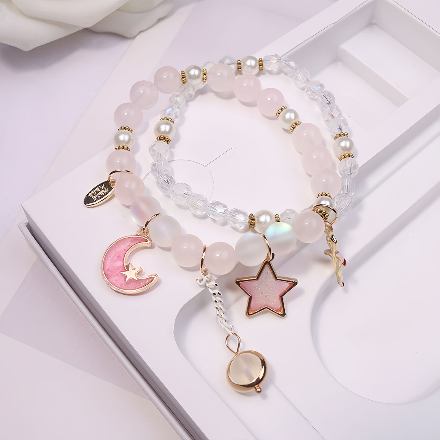 Moon & Star Double Layer Crystal Beaded Bracelet