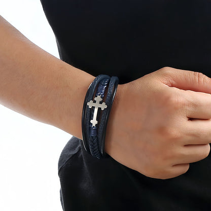 Men's Cross Braided Leather Bracelet