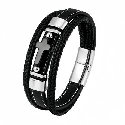 Men’s Black Onyx Cross Leather Bracelet