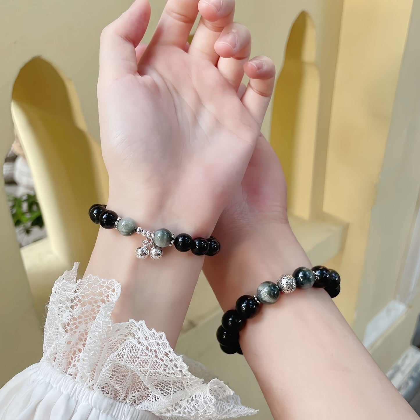 Obsidian Couple Bracelets with Bell Charms