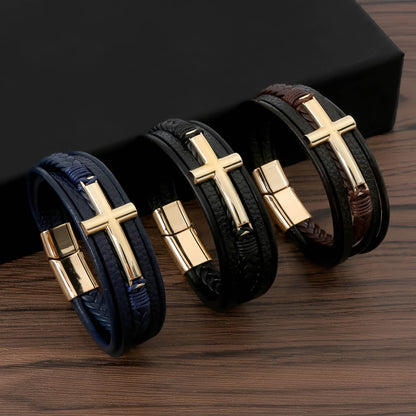 Men’s Braided Leather Bracelet with Cross Charm