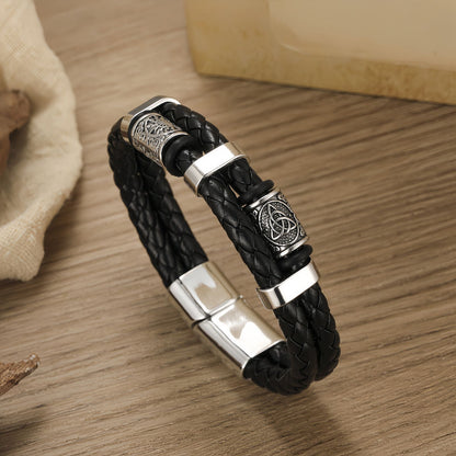 Vintage Sun-Engraved Dual-Braid Men's Leather Bracelet