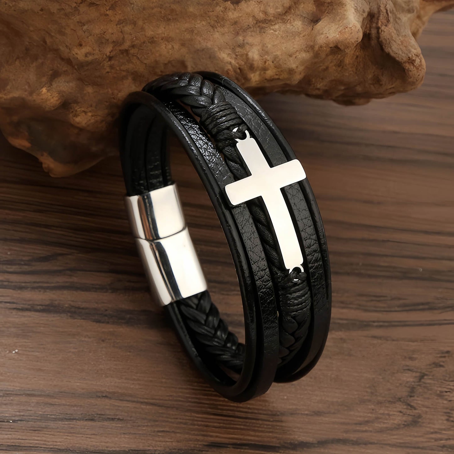 Men's Cross Leather Bracelet with Magnetic Clasp