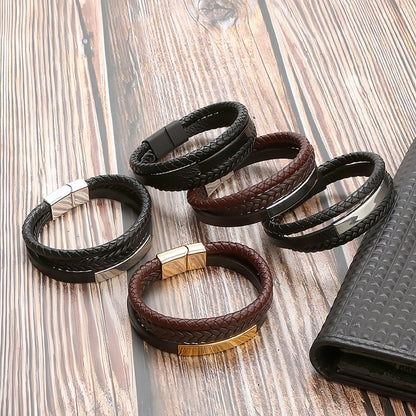 Geometric Bar Layered Leather Bracelet for Men