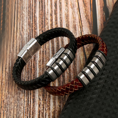 Men’s Braided Leather Bracelet with Layered Steel Bars