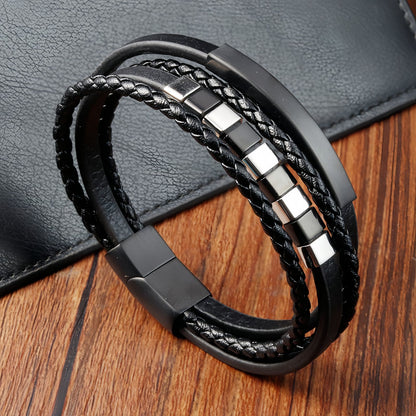 Black & White Cube Accents on Men’s Black Multi-Strand Leather Bracelet