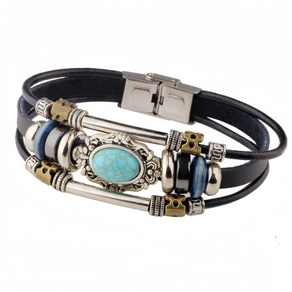 Turquoise Stone Accent Men's Leather Bracelet