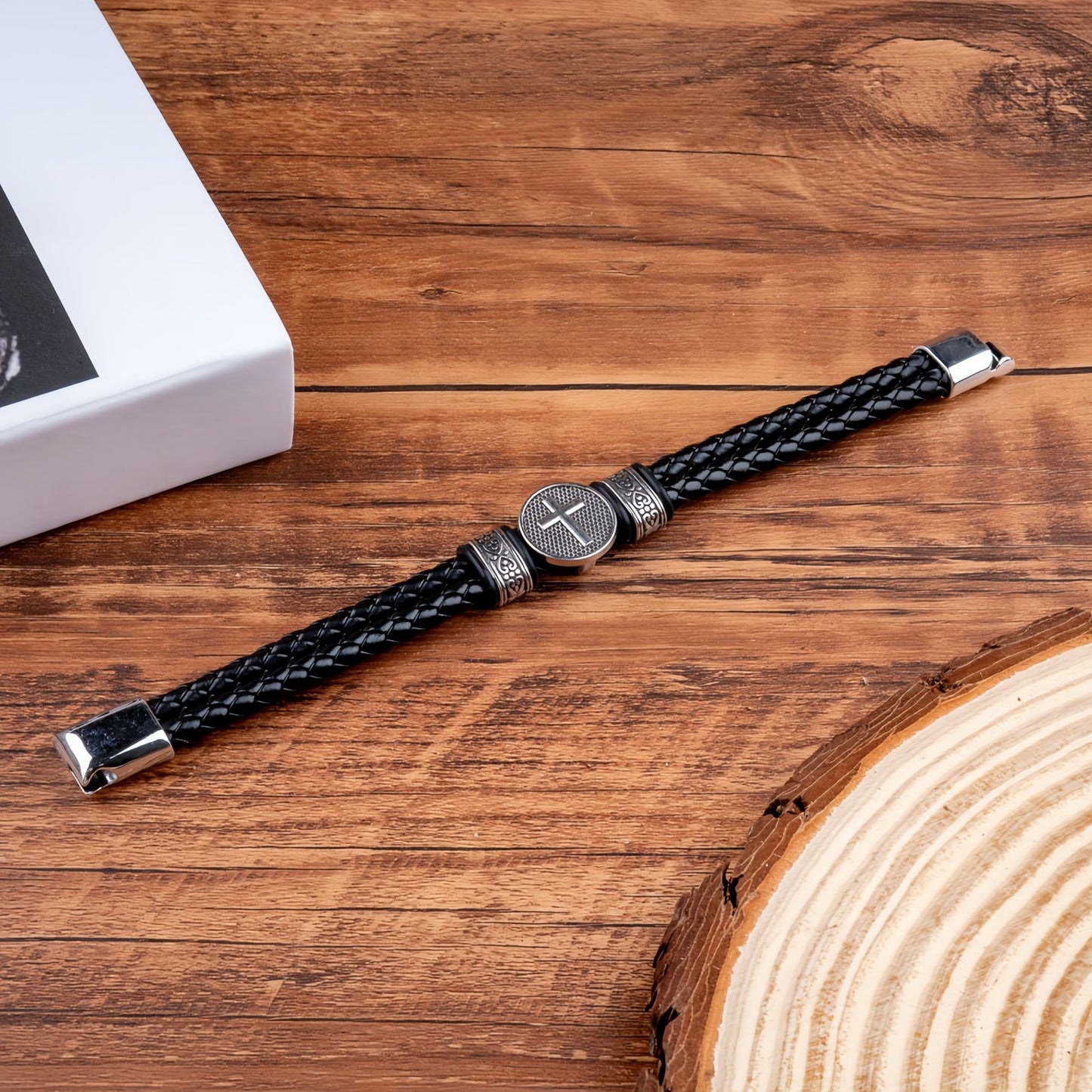 Men's Leather Round Cross Bracelet