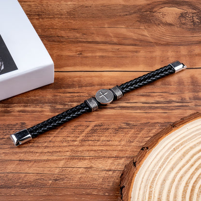 Men's Leather Round Cross Bracelet