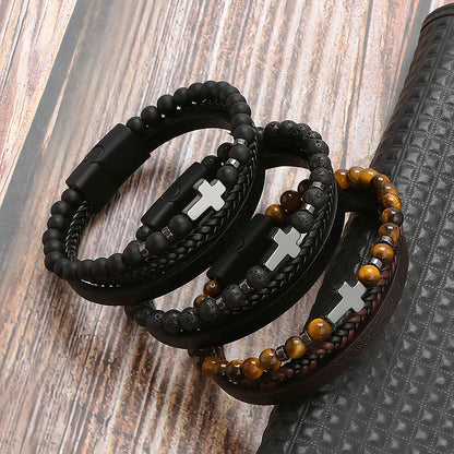 Men’s Cross Natural Stone Beads Leather Bracelet