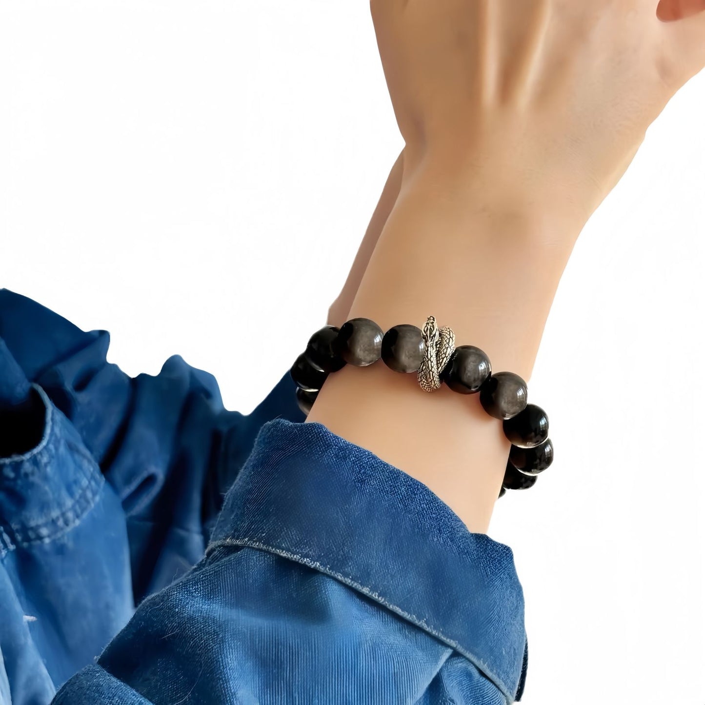 Lucky Dragon Silver Obsidian Men’s Bracelet