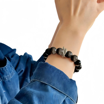 Lucky Dragon Silver Obsidian Men’s Bracelet