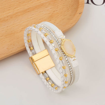 Boho Leather Wrap Bracelet with Crystal Beads & Clasp