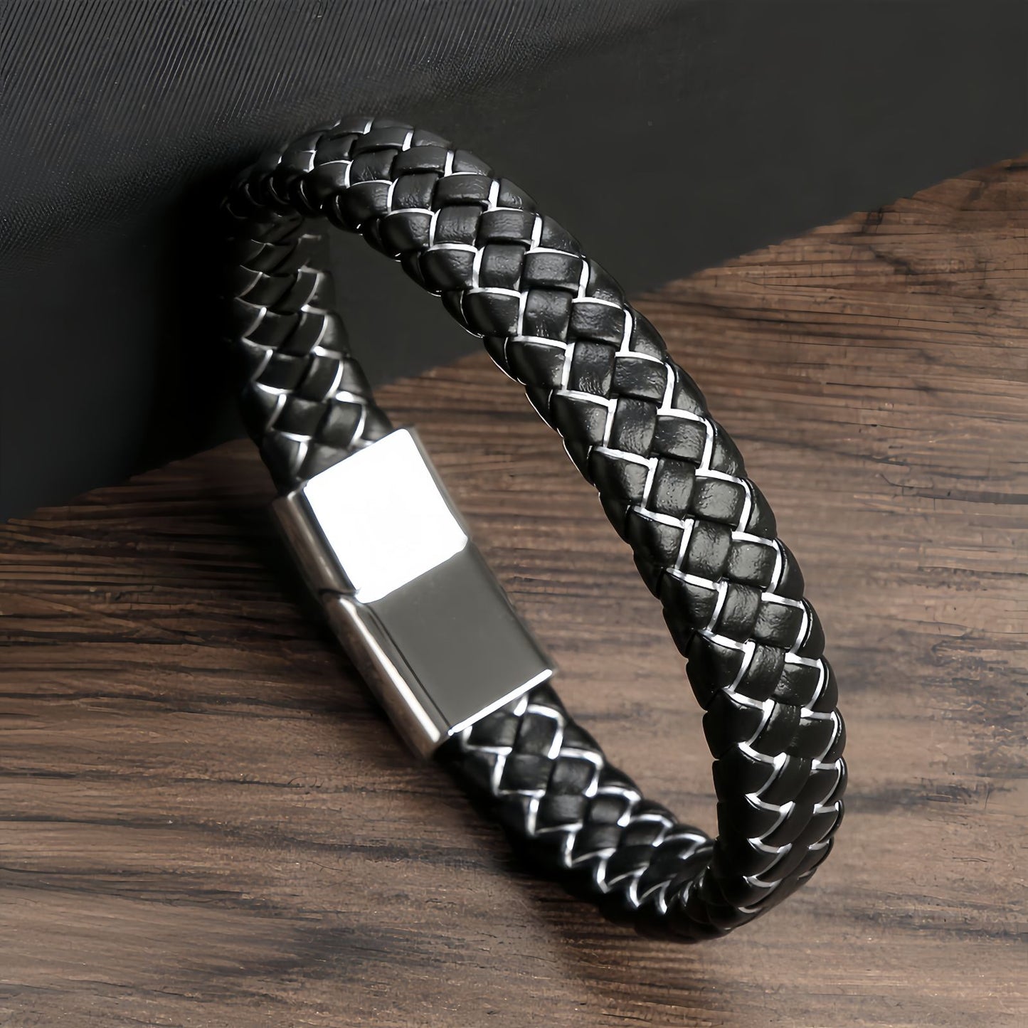 Men’s Wide Braided Leather Bracelet with Textured Metal Accents
