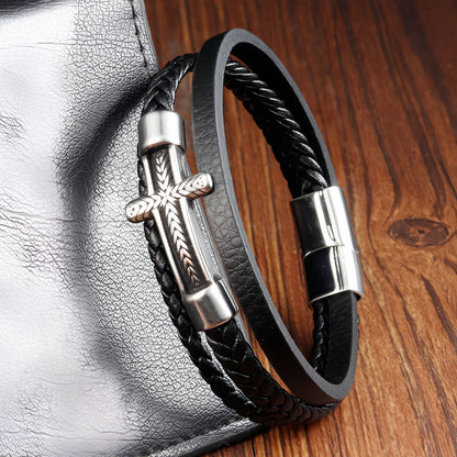 Men's Arrow Engraved Tube Cross Leather Bracelet