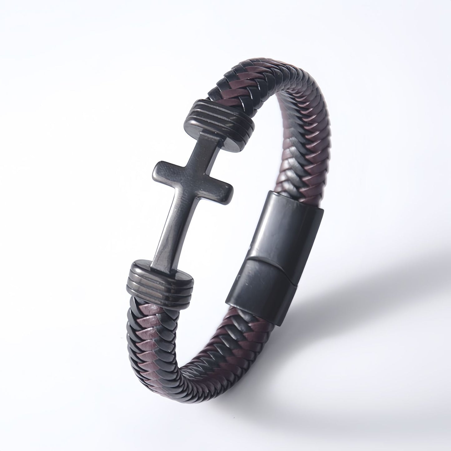 Men's Thick Braided Leather Cross Bracelet