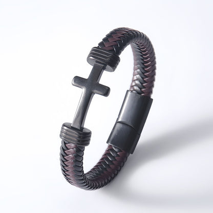 Men's Thick Braided Leather Cross Bracelet