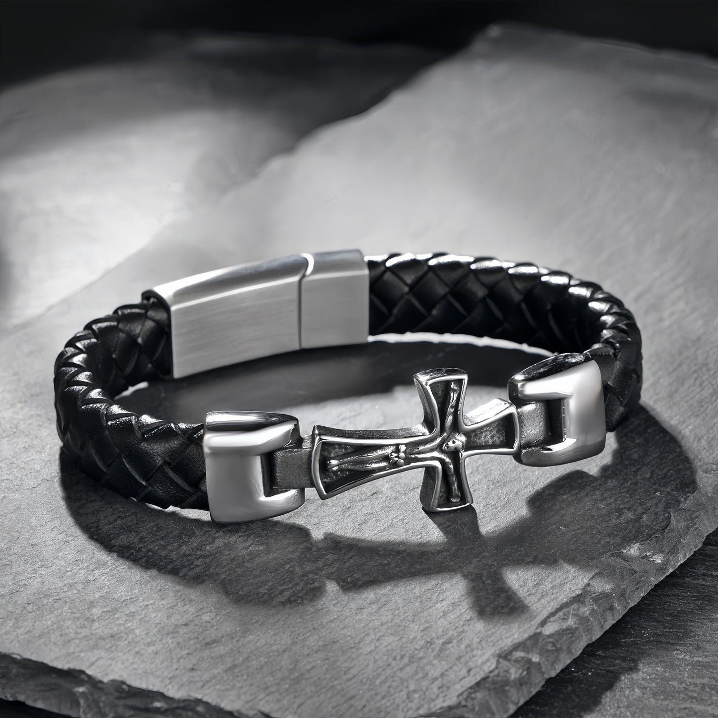 Men's Engraved Cross Leather Bracelet