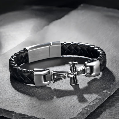 Men's Engraved Cross Leather Bracelet