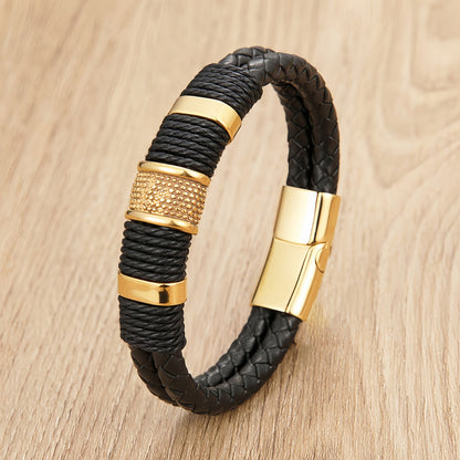 Layered Leather Steel Punk Men's Bracelet