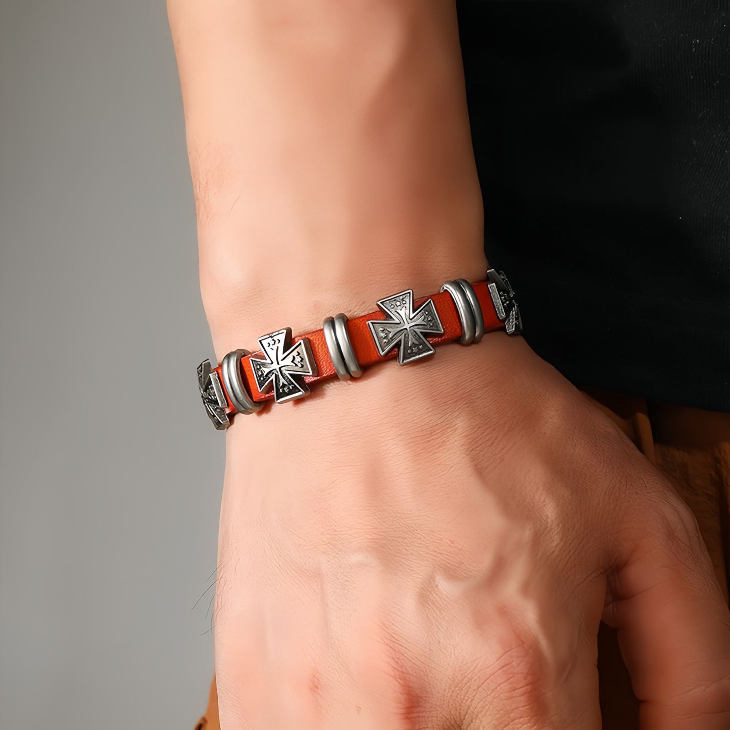 Men's Multi Cross Punk Leather Bracelet
