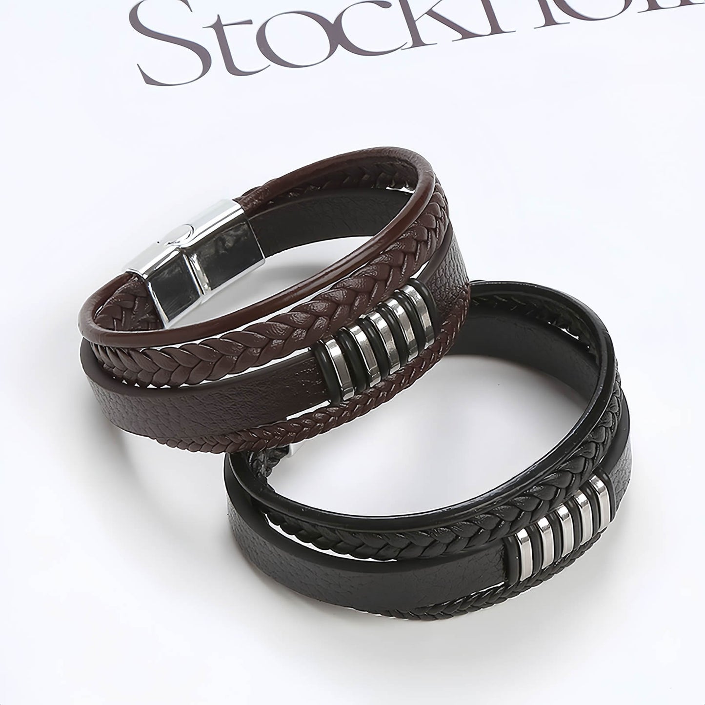 Striped Metal Accent Leather Bracelet for Men