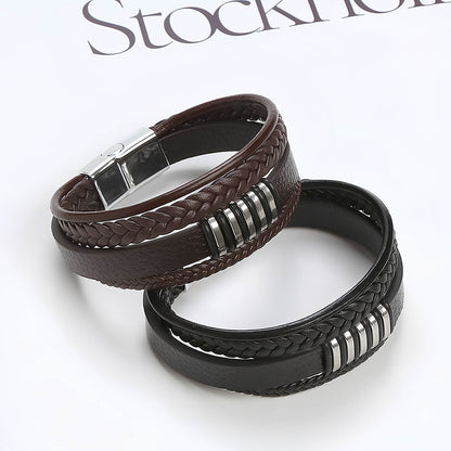 Striped Metal Accent Leather Bracelet for Men