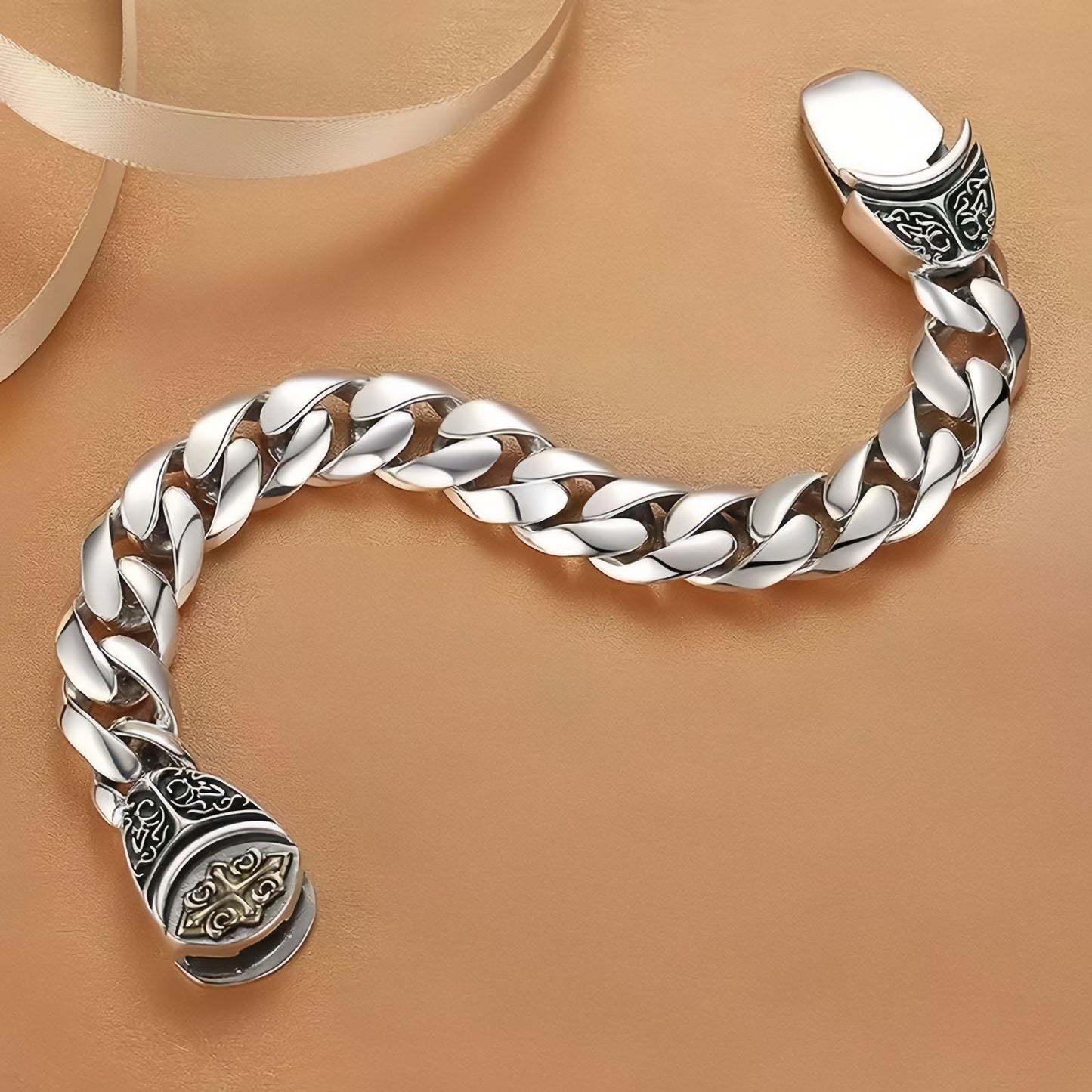 Vintage Carved Men's Cross Cuban Chain Bracelet