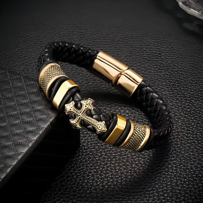 Punk-Inspired Cross Charm Men’s Double-Braided Leather Bracelet