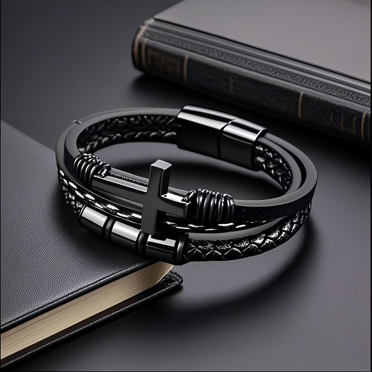 Men's Tube Bead Leather Bracelet with Cross