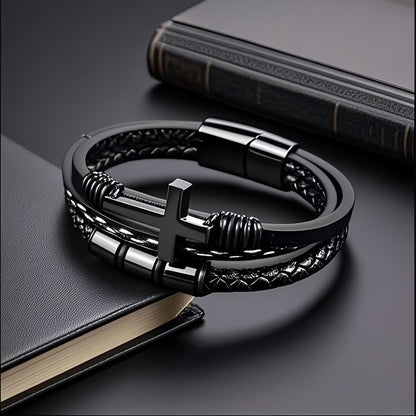 Men's Tube Bead Leather Bracelet with Cross