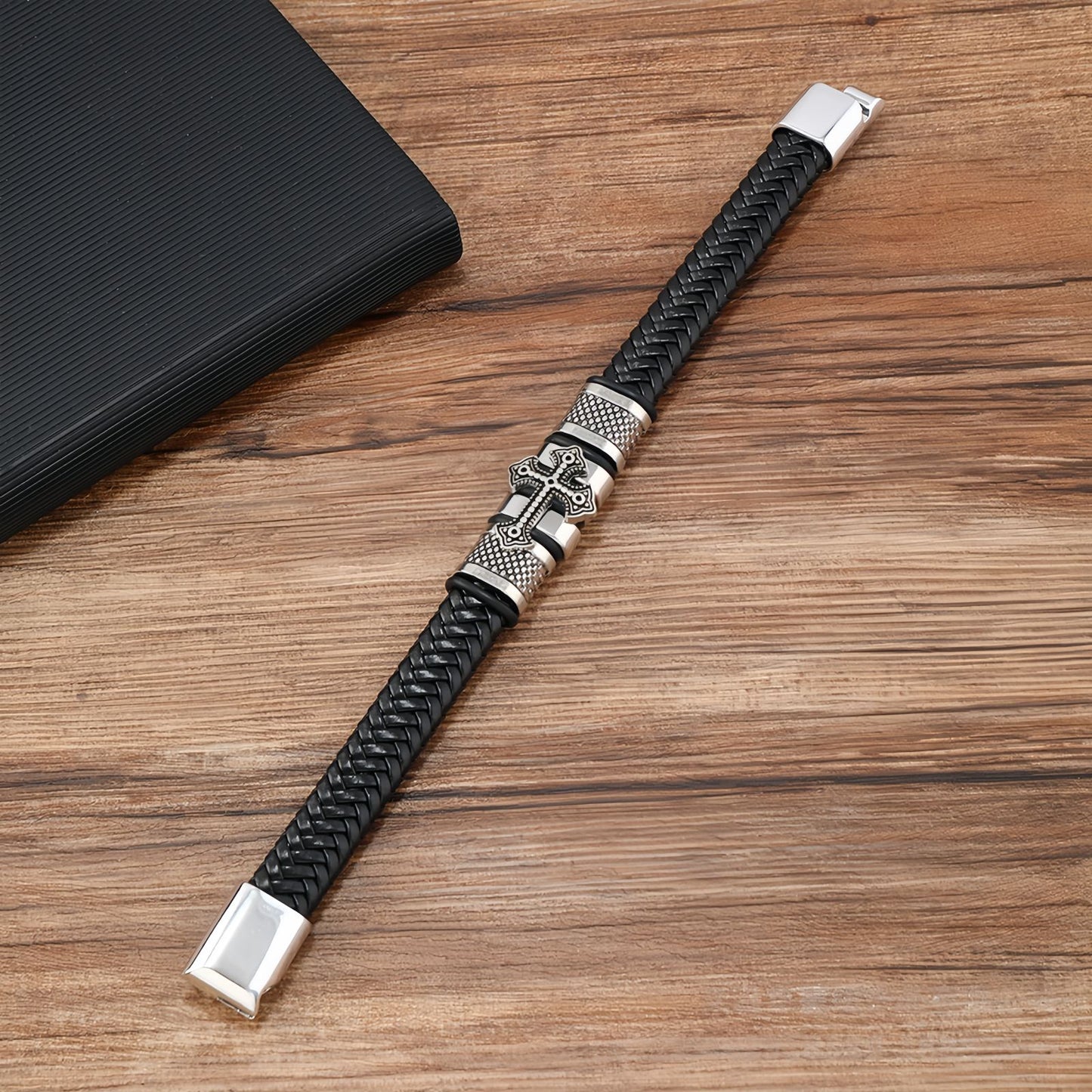 Cross Shield Braided Leather Men's Bracelet