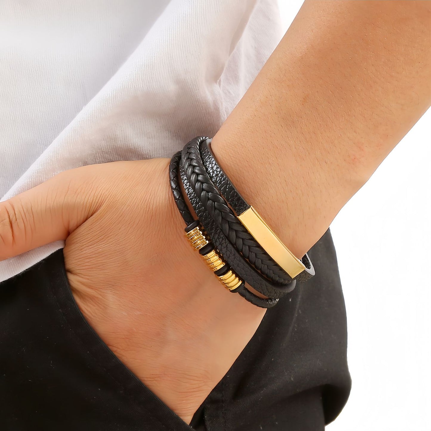 Men's Geometric Bar Leather Bracelet