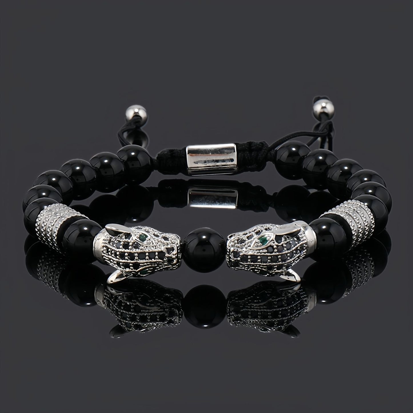 Dual Panther Head Beaded Bracelet