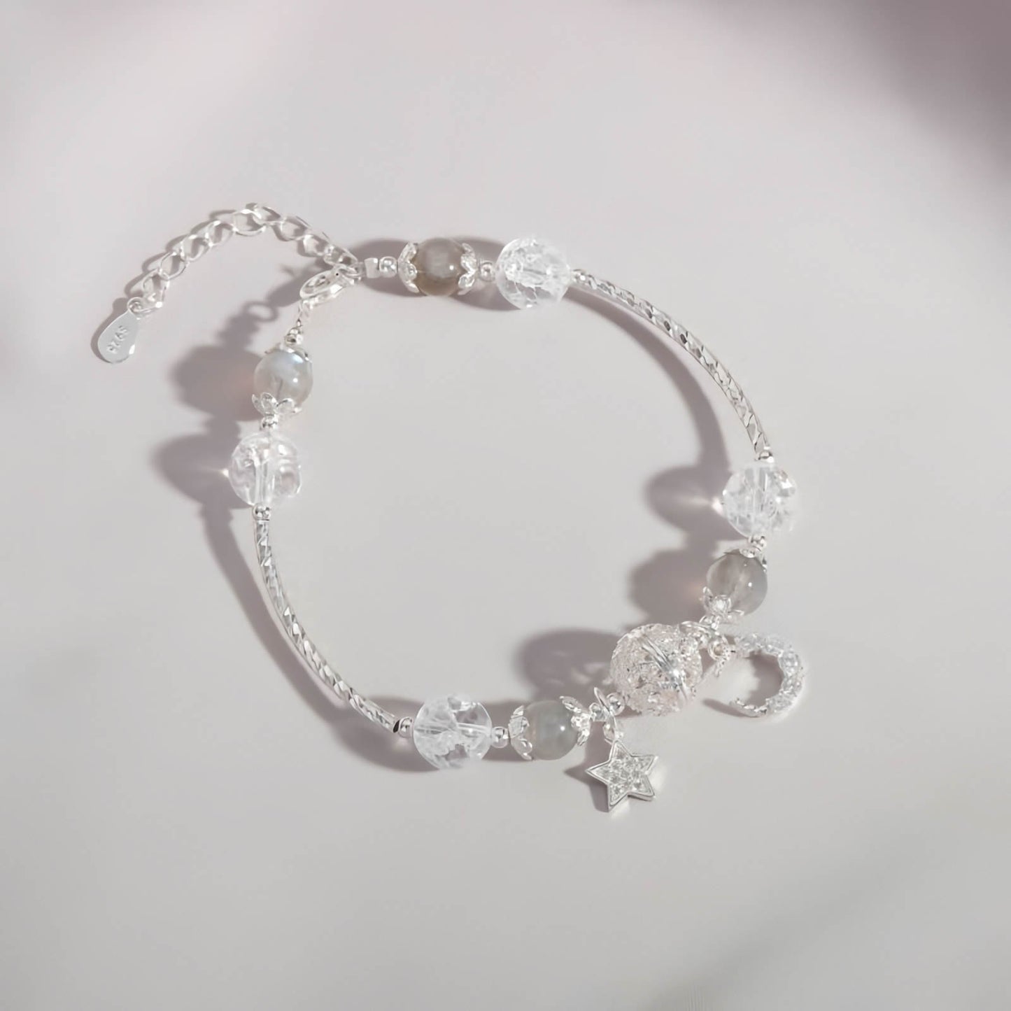 Moonstone Crystal Beaded Bracelet with Star & Moon Pendant